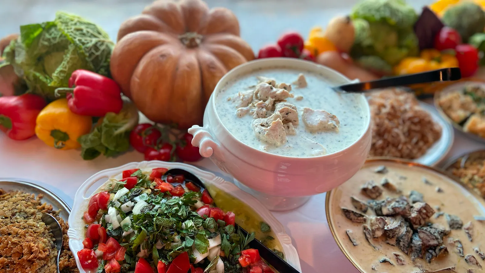 Soup, salads and vegetables on the buffet, House of Catering